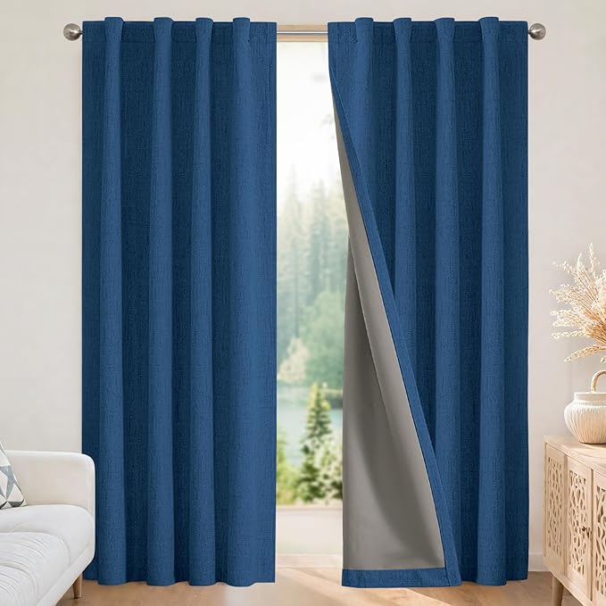 Joydeco Blackout Curtains for Bedroom - 63 Inch Long 100% Light Blocking 2 Panels Navy Blue Drapes, Thermal Insulated Room Darkening Curtains, Linen Textured for Living Room, Rod Pocket & Back Tabs