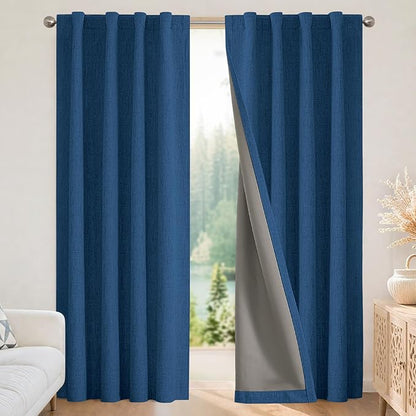 Joydeco Linen Blackout Curtains for Bedroom - 100% Light Blocking 1 Panels, Navy Blue Drapes 100" W x 120" L, Thermal Insulated Room Darkening Curtains for Living Room, Rod Pocket & Back Tabs