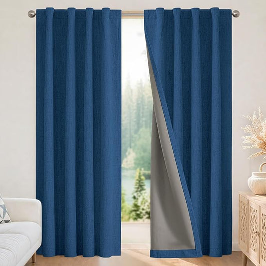 Joydeco Blackout Curtains for Bedroom - 96 Inch Long 100% Light Blocking 2 Panels Navy Blue Drapes, Thermal Insulated Room Darkening Curtains, Linen Textured for Living Room, Rod Pocket & Back Tabs