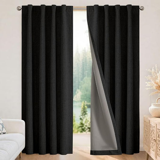 Joydeco Blackout Curtains for Bedroom - 100% Light Blocking 2 Panels Set Black Drapes 37" W x 63" L, Thermal Insulated Room Darkening Curtains, Linen Textured for Living Room, Rod Pocket & Back Tabs