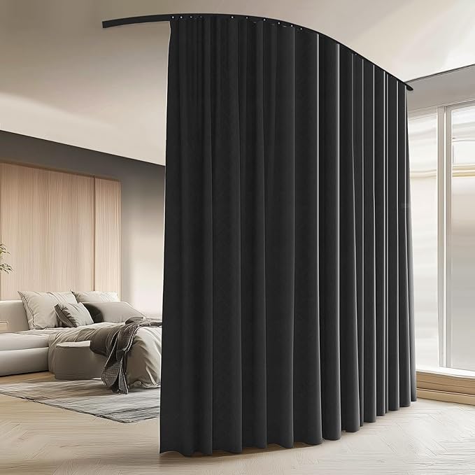 Room Divider Curtains with Ceiling Curtain Track Set Window Curtain for Bedroom,Living Room Total Blackout Thermal Insulated Privacy Ceiling Track Curtain W 12 × H 9 FT Black drape&Black track