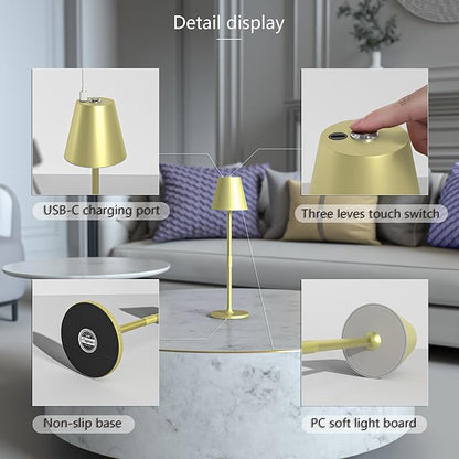 Modern LED CordlessTable Lamp,4000mAh Rechargeable Battery Desk lamp,3 Level Brightness Night Light, Minimalist Design, for Couple Dinner/Coffee Table/Restaurant/Bedroom(Champagne Gold)