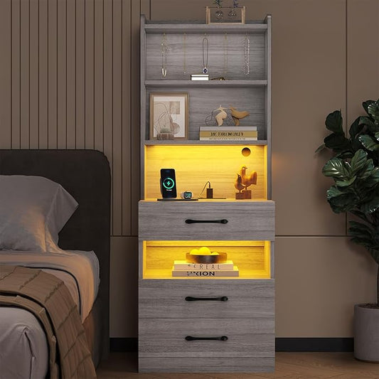 VIAGDO Tall Nightstand with Charging Station and LED Lights, Large Grey Night Stand with Bookshelf, Modern LED Bedside Table with 3 Drawers and Storage Shelves, End Side Table for Bedrooms, Dorms