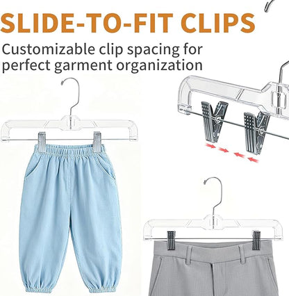 12 Pack Premium Clear Pants Hangers, Plastic Hangers with Adjustable Clips Non-Slip Clip 360° Swivel Hook for Pants, Trousers
