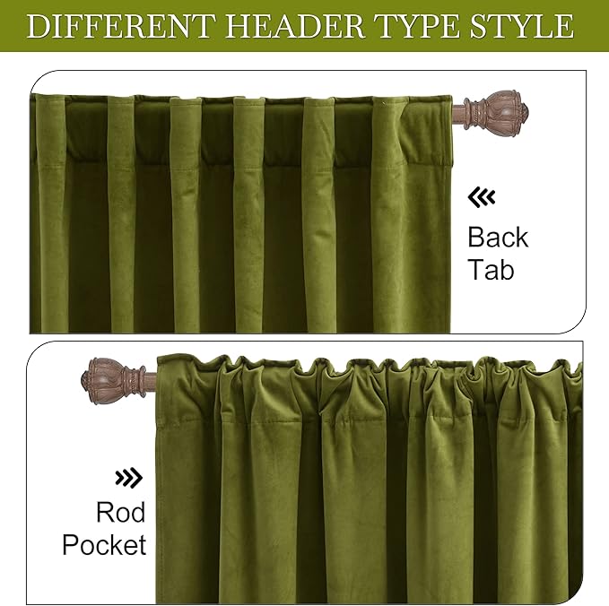 RYB Home Green Curtains 84 inches Long， Plush Velvet Curtains, Thermal Insulated Darkening Window Drapes for Living Room， Privacy Drapes for Guest Room, W52 x L84, 2 Panels