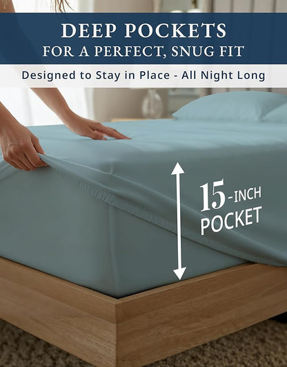 LANE LINEN 1000 Thread Count 100% Egyptian Cotton King Size Sheets – Silky Sateen Weave, Naturally Cooling & Durable, Ultra-Soft Luxury You Can Feel,15" Deep Pocket King Sheet Set – French Blue