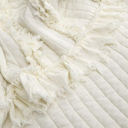 Pre-Washed Ultra Soft Quilted Cream King Size Blankets for Bed, Ruffle Fringed Chic Boho Decorative Throw, Stone Washed Blanket for Sofa Couch Bed 104"x90"