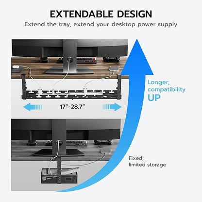 ARES WING 17"-28.7" Extendable Under Desk Cable Management Tray with Cable Slots, Clamp On Cord Organizer Holds Up to 11 lbs, Black Metal Under Desk Storage for Office and Gaming Accessories