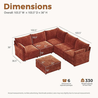 ABCASA 103.5" Oversized Modular Sectional Sofa, L Shaped Convertible Couch with Movable Ottoman, Large 6 Seat Corner Couches for Living Room Deep Seat- Terracotta Orange Chenille