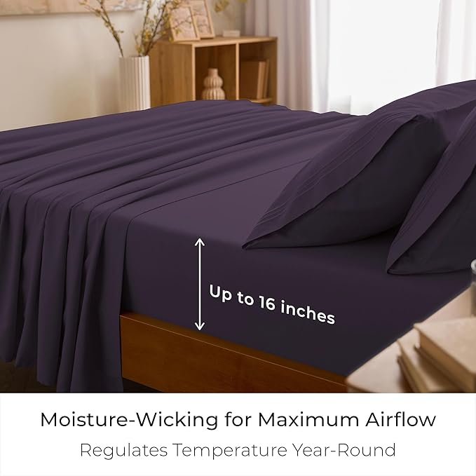 Mellanni Queen Sheet Set - 6-Piece Iconic Collection Bedding, (Including 4 Pillowcases), 16-Inch Deep Pocket, Easy Care, Extra Soft, Cooling Sheets, Brushed Microfiber - Purple