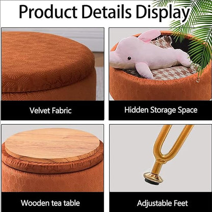Cpintltr Modern Velvet Foot Rest Stool Upholstered Round Storage Ottomans Multipurpose Dressing Stools Luxury Home Decor Ottoman Coffee Table Top Cover Footstool with Metal Legs Pumpkin Brown