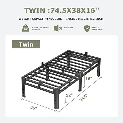 NKZ Twin Size Bed Frame 16 Inch, Metal Bed Frame & Box Spring 2 in 1 Platform with Round Corner Legs, 4000lbs Weight Capacity Reinforced Metal Frame, Headboard Hole, Noise-Free, Easy Assembly