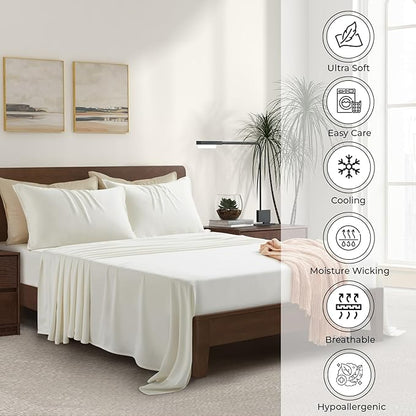 Split King Size Sheet Set | 2 Fitted Sheets for Sleep Number & Adjustable Beds | Organically Grown | Ultra Soft & Cooling |100% Viscose | 17" Deep Pocket [Ivory]