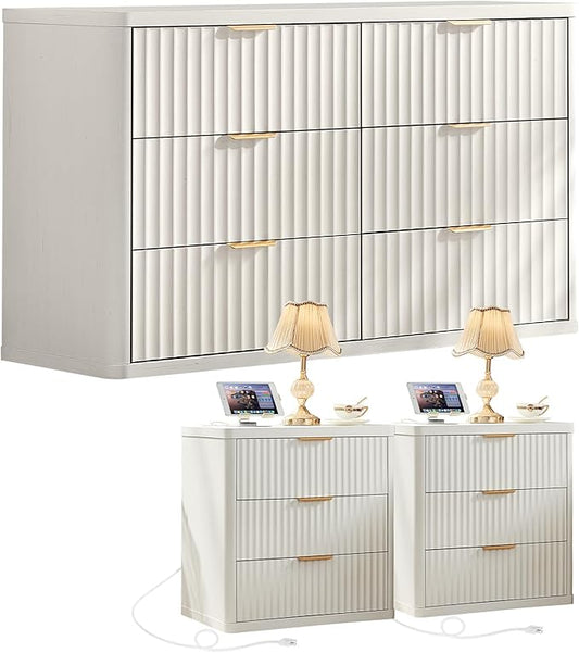 LEYAOYAO 48" Wide Fluted Dresser and 3 Drawers 23" Nightstand Set of 2,Wooden Dresser & Night Stand with Charging Station, 3 Piece Bedroom Furniture Set,Chest of Drawer for Living Room,Antique White