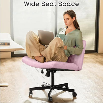 PUKAMI Criss Cross Chair with Wheels,Fabric Padded Armless Cross Legged Office Desk Chair for Home Office,Modern Swivel Height Adjustable Wide Seat Computer Task Vanity Chair(Pink)