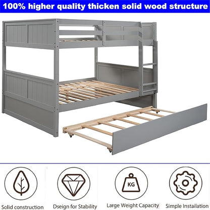 Upgraded Version Best Full Over Full Bunk Bed with Trundle, Thicken Solid Wood Full Size Bunk Bed, Bunkbed Frame Full Over Full, Convertible to 2 Beds, Easy Assembly for Adults (Grey)
