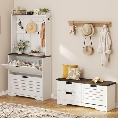 FATORRI Shoe Storage Bench, Entryway Bench with Flip Drawer, Wooden Entry Way Shoe Cabinet for Living Room Hallway (Walnut Brown+White Oak)