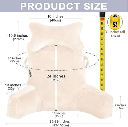 Reading Pillow-Extra Large 31" Bed Rest Pillow with Detachable Neck Roll & Arms for Sitting in Bed or Couch-Backrest Reading Pillow Adult Back Pillows for Reading/Watching TV/Gaming/Relaxing-Beige