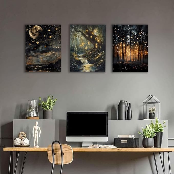 RYZopmuy Forest Wall Art Set – 3 Framed Moon & Fireflies Canvas Prints, Calming Nature-Inspired Décor for Modern Homes
