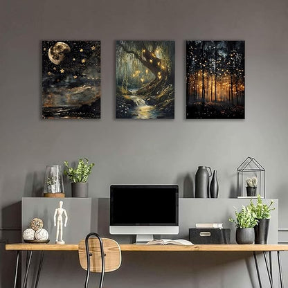RYZopmuy Forest Wall Art Set – 3 Framed Moon & Fireflies Canvas Prints, Calming Nature-Inspired Décor for Modern Homes