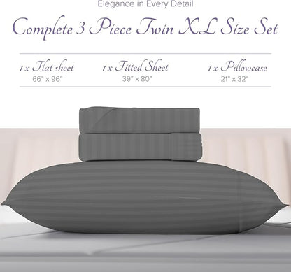 Carressa Linen Luxury Egyptian Cotton Twin XL Stripe Sheet Set - 600 Thread Count Extra Long Staple 3 PC Set, Dark Grey Twin XL Damask Sheets, Soft, Cooling Sateen Weave Sheets Upto 18 in Deep Pocket