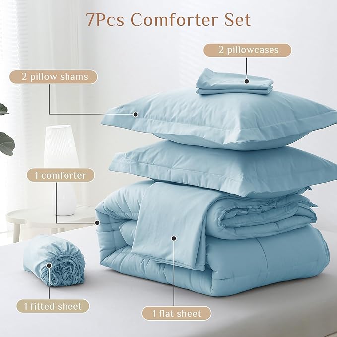 JOLLYVOGUE California King Comforter Set, Ultra-Soft Bed in a Bag Cal King Size 7 Pieces, Oeko-TEX Certified Bedding Set with Down Alternative Comforter, Sheets, Pillowcases & Shams, Lake Blue