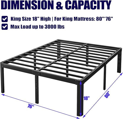 Hunlostten 18in High King Bed Frame No Box Spring Needed, Heavy Duty King Platform Bed Frame with Round Corners, Easy Assembly, Noise Free, Black