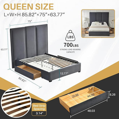 YUHUASHI Queen Size Bed Frame with 64-inch High Headboard, Simple and Airy Linen Upholstered Platform Bed with Storage Drawers, Wood Slat, No Noise (Grey, Queen (U.S. Standard))