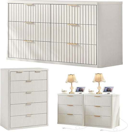 LEYAOYAO Fluted Dressers & Nightstand Set of 4, Wood 48" Wide Dresser & 42" Tall Chest of Drawers,Modern Bedroom Furniture Sets,White Wooden Nightstand Set of 2 with 3 Drawers & Charging Station