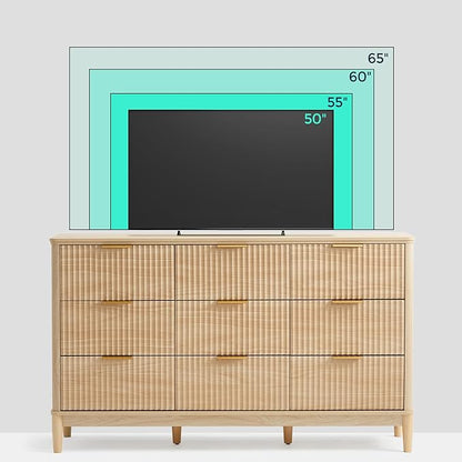 LINSY Fluted Dresser for Bedroom with 9 Drawers, Mid Century Modern Chest of Drawers with Gold Metal Handles, Wide Boho Wood Dressers, Large Farmhouse Storage Cabinet for Bedroom, Living Room, Oak