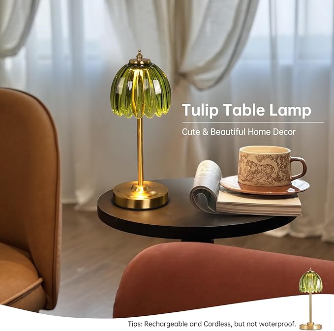 Set of 2 Tulip Table Lamp with 5000mAh Battery & Touch Control, Cordless Small Table Lamp with 3 Colors, Dimmable Rechargeable Table Lamps for Bedroom, Desk, Bedside (Green Tulip)