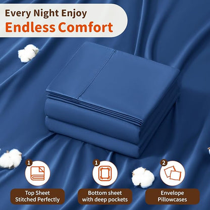 LBRO2M 100% Cotton Sheets Set Deep Pocket 24", 1000 Thread Count Queen Size 4 Piece Bed Sheet Sets Soft Comfortable Bedding All Season (Queen, Navy Blue)