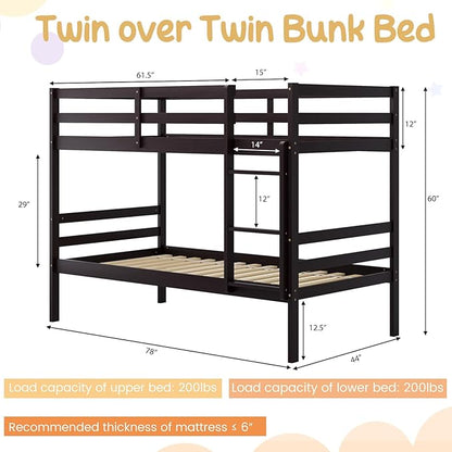 Giantex Bunk Bed Twin Over Twin, Solid Wood Bunk Bed with Sturdy Ladder & 12 Inch Safety Guard Rails, Twin Size Wood Bed Frame for Dormitory, No Box Spring Needed, Bunk Beds for Kids Teens, Espresso
