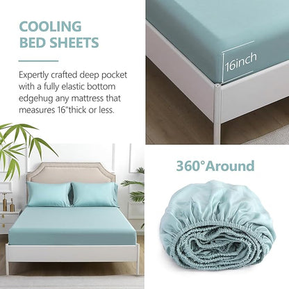 Linen World Lyocell Cooling Bed Sheets Set Queen Size,100% Organically Grown Viscose Sheets,Deep Pocket Up to 16",4 Pieces Silky Soft,Breathable Bedding Sheets & Pillowcases(Ice Blue,Queen)