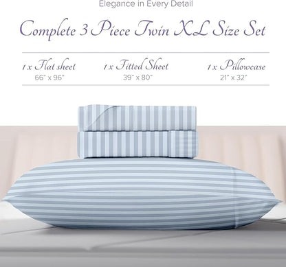 Carressa Linen Striped Egyptian Cotton Sheets Twin XL Size - 600 Thread Count 3 PC Damask Twin XL Sheets Deep Pockets, Sateen Weave College Dorm Bedding, Fits Mattress Upto 18"- Light Blue Stripe