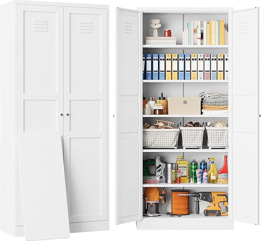 SISESOL 71" Tall Pantry Cabinet with 2 Doors and 6 Shelves,Kitchen Pantry Storage Cabinets,White Metal Storage Cabinet,Wide Deep Food Cupboard for Home,Kitchen,Dining/Living Room