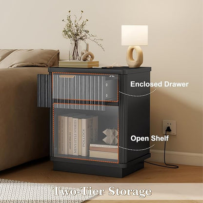LYNCOHOME Fluted Nightstand Set of 2 with Charging Station, Bedside Table for Bedroom with 1 Drawer Storage, Side Table for Bedroom（Black）