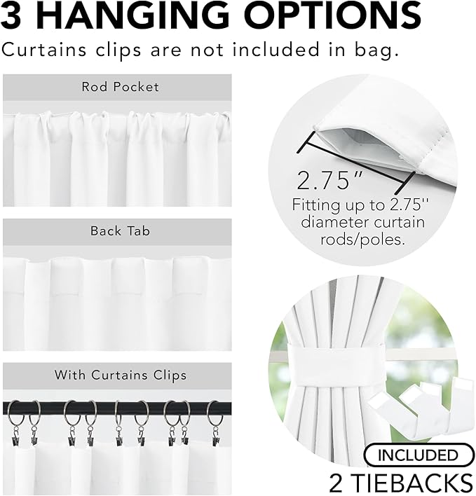 Deconovo White Room Darkening 100% Blackout Curtains for Bedroom 63 Inches Long - Solid Back Tab and Rod Pocket Blackout Curtains for Kids' Bedroom, 70x63 Inch, 2 Panels