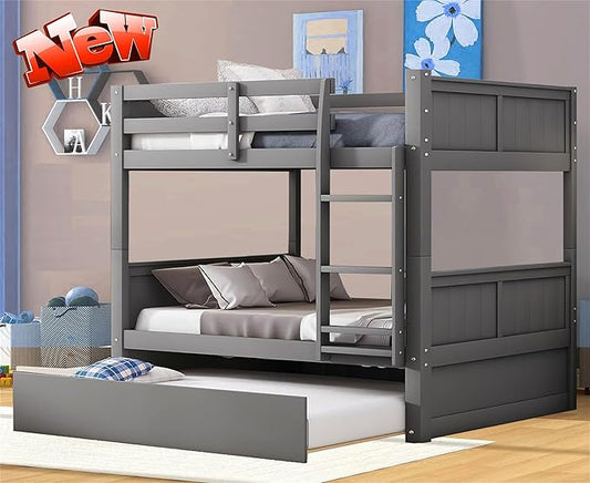 Upgraded Version Best Full Over Full Bunk Bed with Trundle, Thicken Solid Wood Full Size Bunk Bed, Bunkbed Frame Full Over Full, Convertible to 2 Beds, Easy Assembly for Adults (Grey)