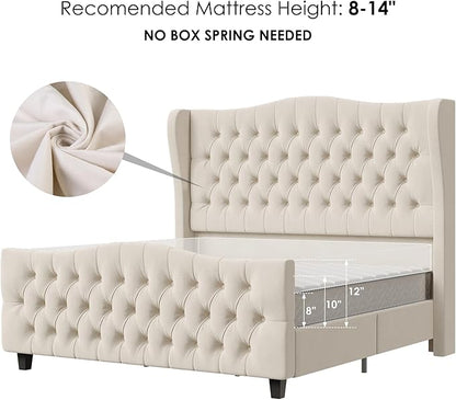 Keyluv King Size 54.3” Tall Platform Bed Frame with Deep Button Tufted Wingback Headboard and Footboard, Velvet Upholstered Bed Frame with Handmade Pleats, No Box Spring Needed, Beige/Cream