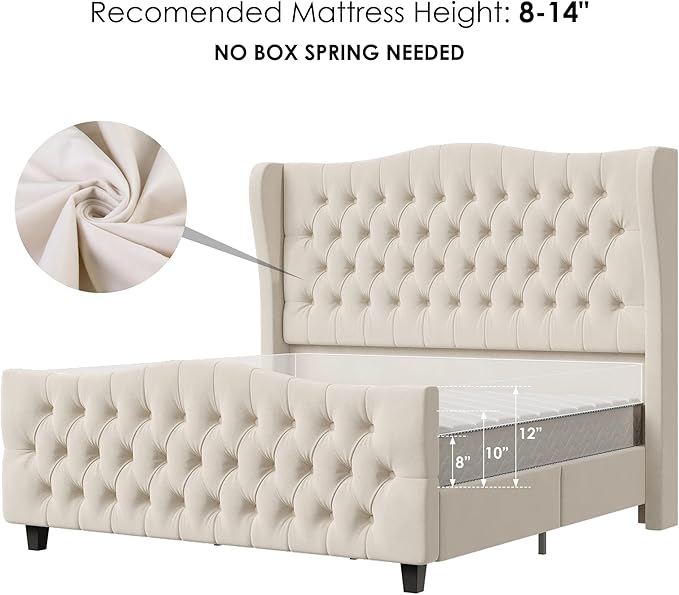 Keyluv Full Size 54.3” Tall Platform Bed Frame with Deep Button Tufted Wingback Headboard and Footboard, Velvet Upholstered Bed Frame with Handmade Pleats, No Box Spring Needed, Beige/Cream