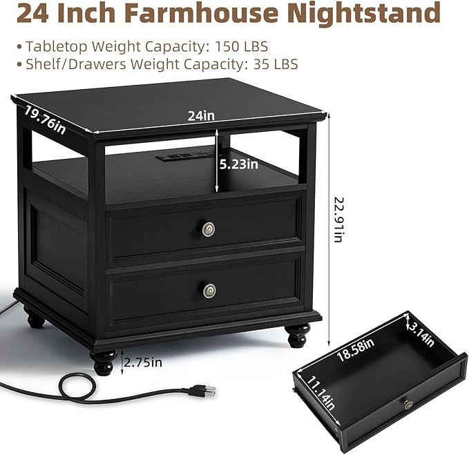 Farmhouse Furniture Set, Nightstands Set of 2 and 7 Drawers Dresser for Bedroom, 54 Inch Wide Wood Dresser and 24" Night Stands with Charging Station for Bedroom, Living Room, Hallway