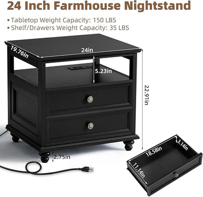 Farmhouse Nightstand with Charging Station, 24" Wide End Table with 2 Drawers, Black Dresser for Bedroom, Bed Side Table Chest of Drawers Cabinet,Wood Night Stand for Living Room, Closet
