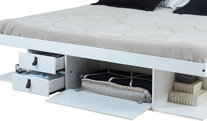 memomad Bali Slim Set: Storage Platform Bed with Drawers + Flat Panel Headboard (King Size, White Wood)