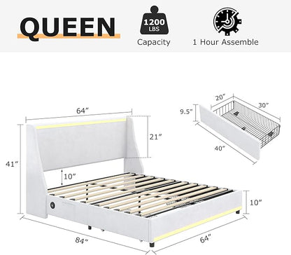 VECELO Queen Size Bed Frame with Storage Drawers, Upholstered Platform Bedframe with Wingback Headboard, No Box Spring Needed, White