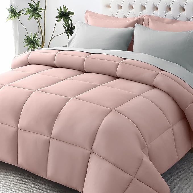 JOLLYVOGUE California King Comforter Set, Ultra-Soft Bed in a Bag Cal King Size 7 Pieces, Oeko-TEX Certified Bedding Set With Down Alternative Comforter, Sheets, Pillowcases & Shams, Pink & Light Grey