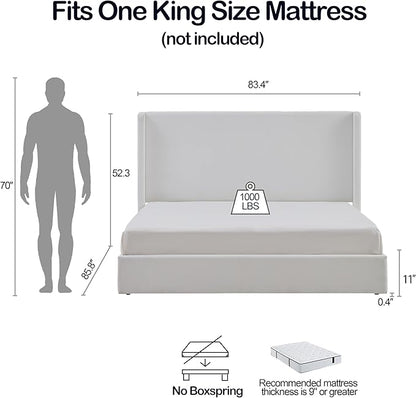 King Size Upholstered Bed Frame, 52.3" High Headboard Carmen Wingback Bed Frames, Tall Headboard Floor Platform Beds, No Box Spring Needed No Noise Minimalist Coconut Micro Suede, White