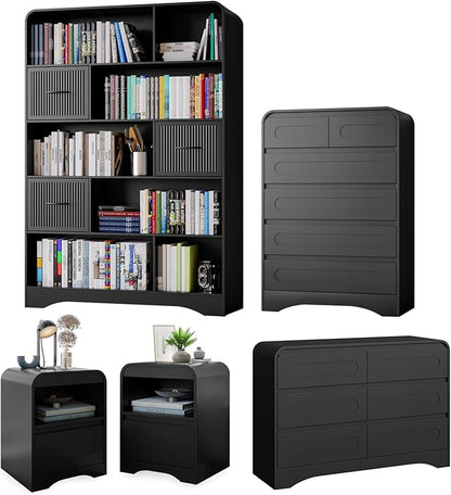 5 Piece Bedroom Sets, Modern Dresser and Nightstand Sets & Bookshelf with Safe Curved Design, Including Tall Bookshelf High & Wide 6 Drawer Dressers and Night Stand Set of 2 for Bedroom, Black