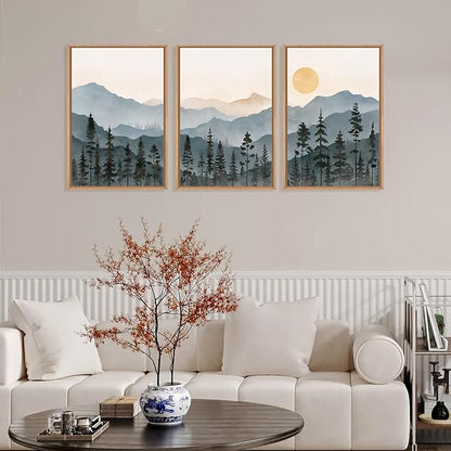 LHIUEM Boho Mountain Framed Canvas Wall Art Set,Forest Pine Tree Wall Decor, Sunrise Misty Wilderness Painting,Watercolor Nature Landscape Artwork for Living Room,Bedroom,Dining Room,Office -16"x24"x3