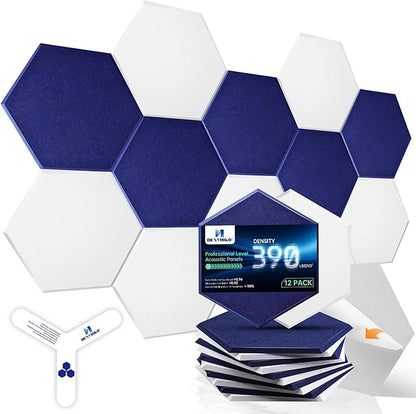 Self-Adhesive Acoustic Panels [390 lbs/yd³ Ultra-High Density], 2nd Generation Sound Absorbing Panel, Professional Level Sound Panel, Polyester Soundproof Foam [Size M, White & Dark Blue]